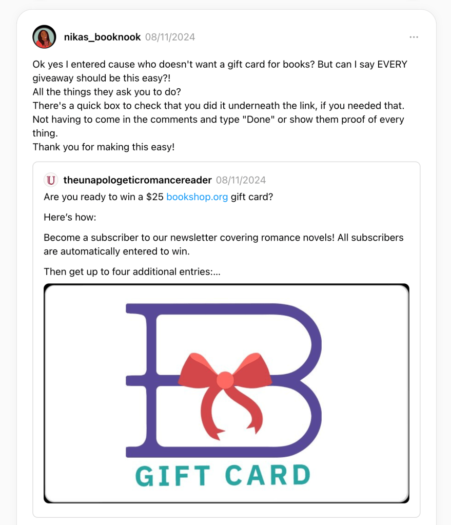 a threads user says that this giveaway was so easy and she appreciated that